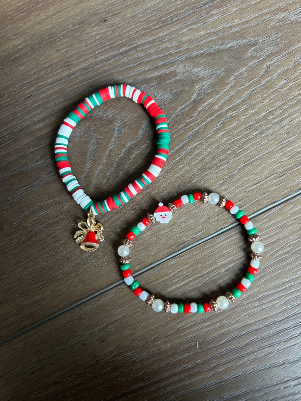 Festive Red Green White Beaded Bracelet Set